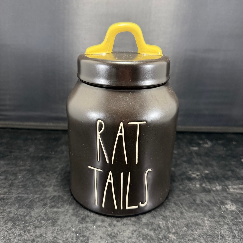 Rae Dunn Rat Tails Halloween Canister Matte Black Yellow Handle Ceramic Jar